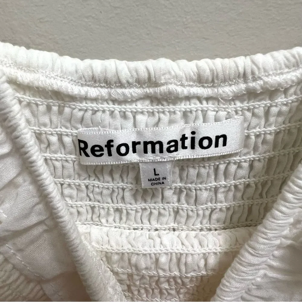 Reformation Villa Midi Dress Smocked Organic Cotton White Size L - Picture 8 of 9